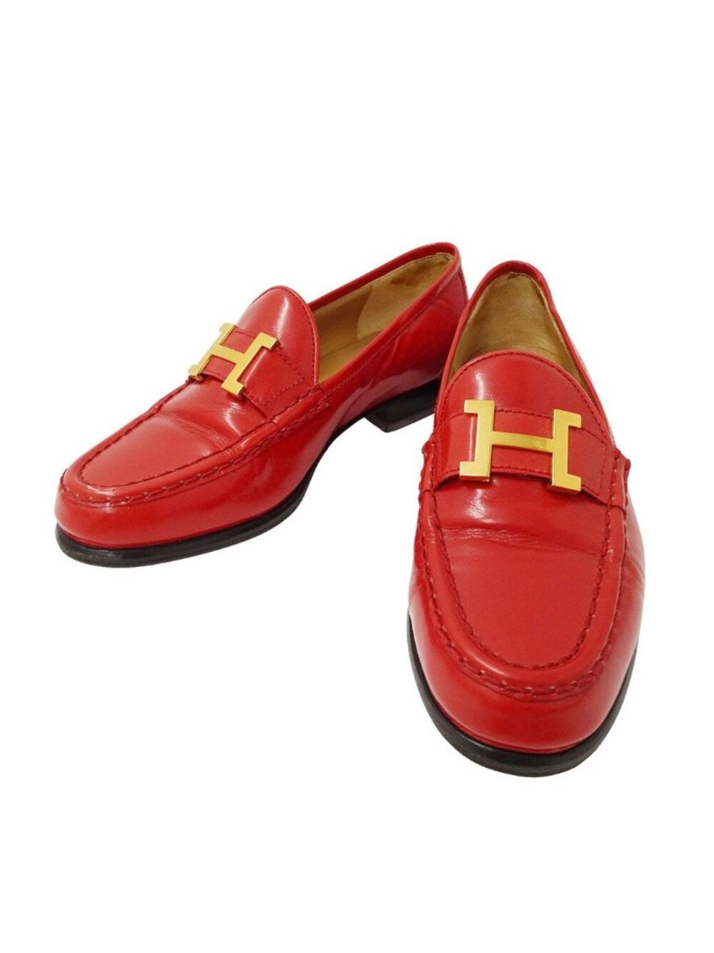 Hermes Leather Shoes Constance Loafers Red Gold Small Logo Presence